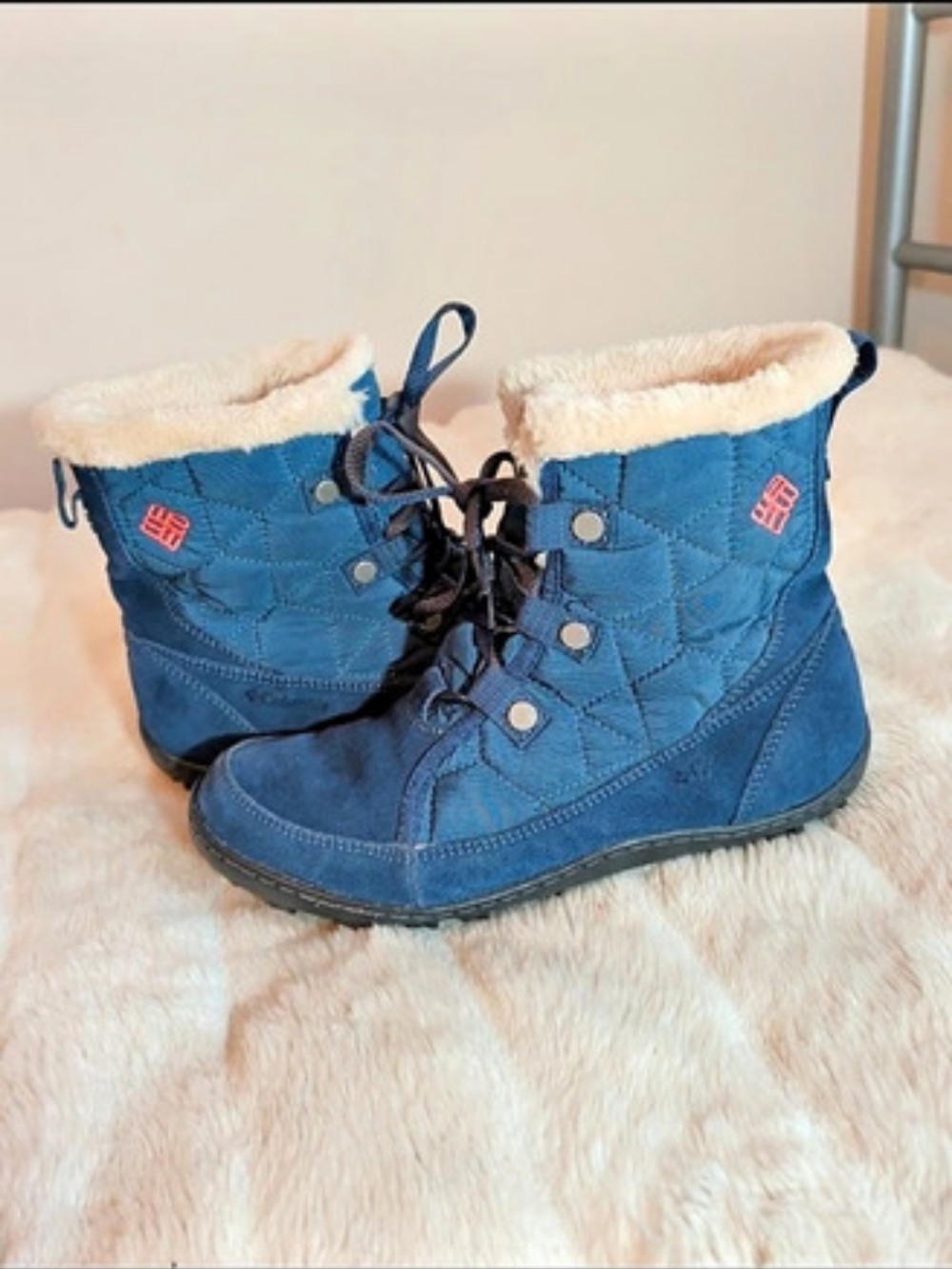 Columbia Powder Summit Shortie Leather Waterproof Boots Blue Sz 7